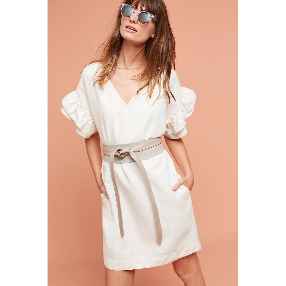Anthropologie Maeve Lottie Fluttered Tunic‎ Dress Womens M Linen Cotton VNeck